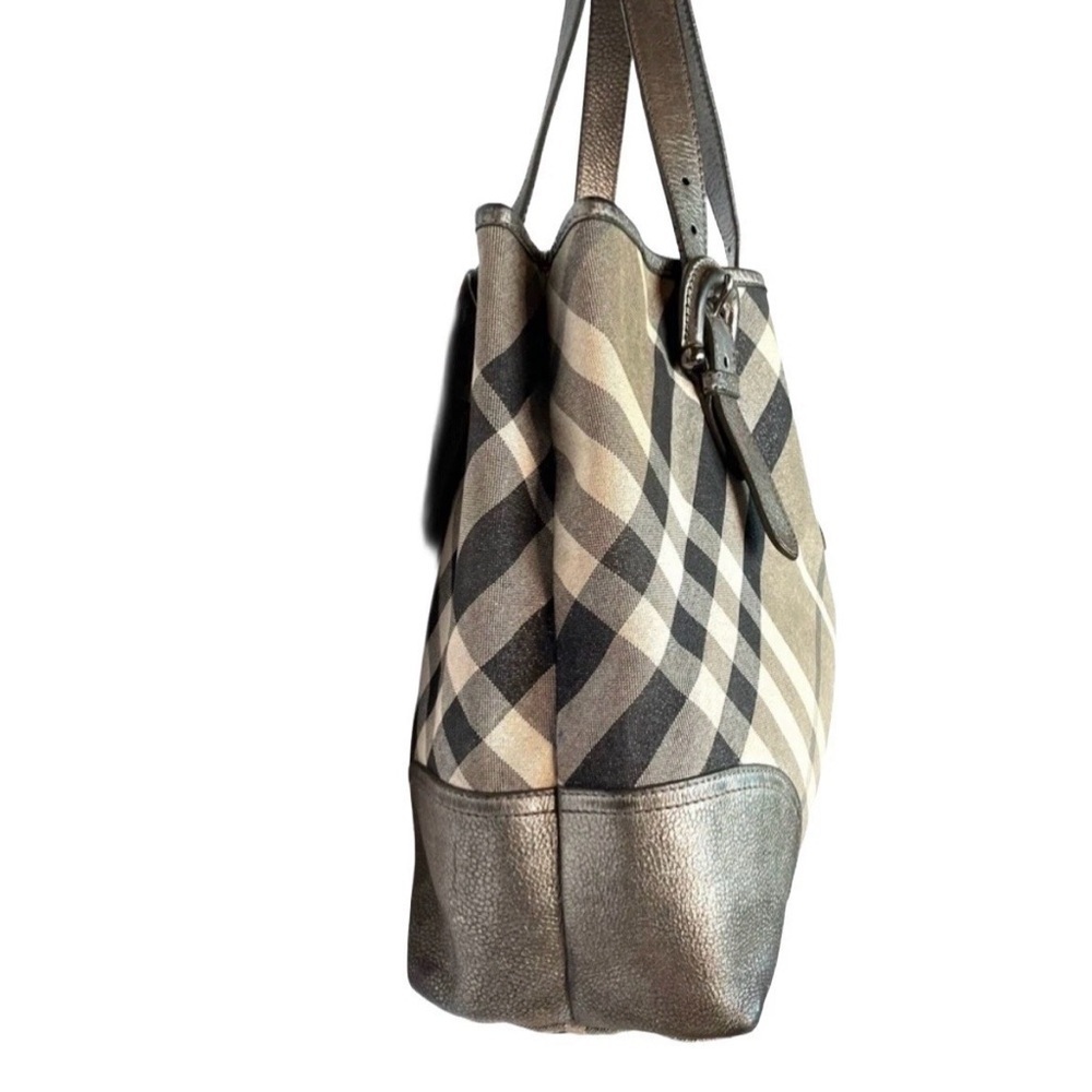 Burberry Byron Shimmer Check Gray Silver Metallic Plaid Tote - Picture 4 of 14